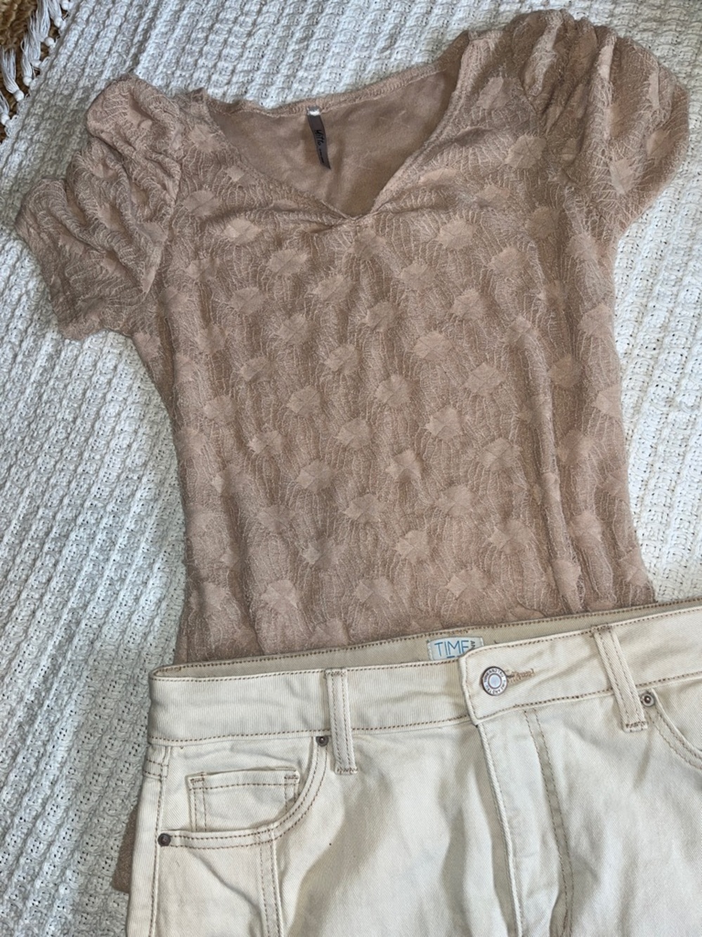 2pc Outfit bundle cute cargo look denim tan khaki mini skirt sz10& Mitto tan top - Picture 7 of 12